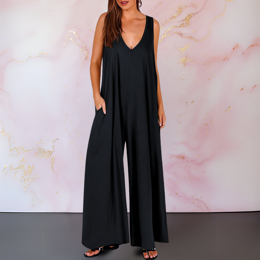 Effortless Wide Leg Jumpsuit for Women with V Neck Sleeveless Relaxed Flowing Style