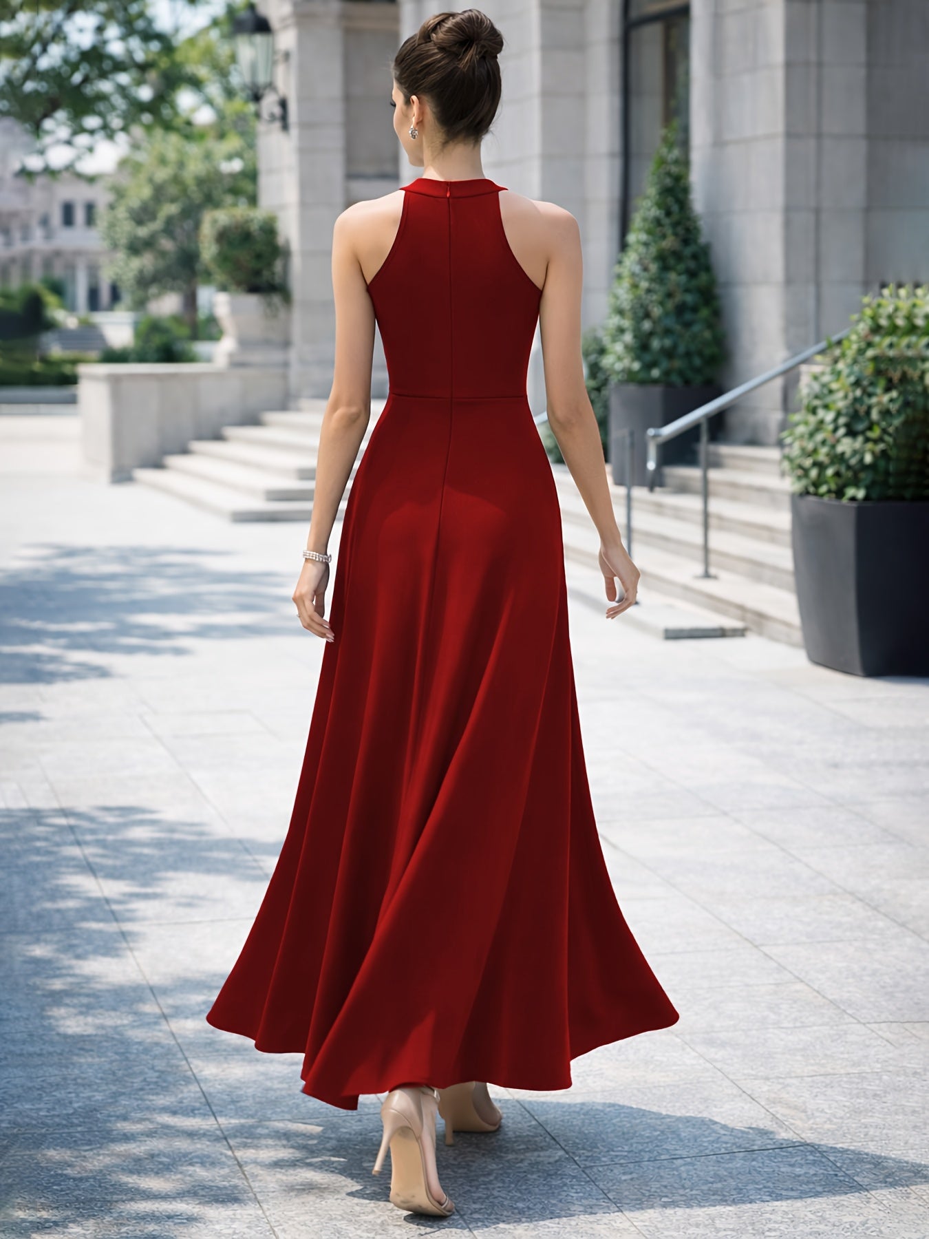 Women's Sleeveless Long Dress with High Neckline, High-waisted Cinched Cut, Side High Slit Hem Structure, and Flowing A-line Silhouette. Suitable for Banquets, Parties, and Formal Occasions