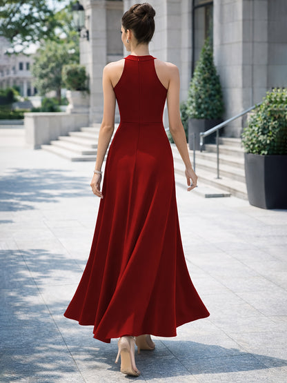 Women's Sleeveless Long Dress with High Neckline, High-waisted Cinched Cut, Side High Slit Hem Structure, and Flowing A-line Silhouette. Suitable for Banquets, Parties, and Formal Occasions