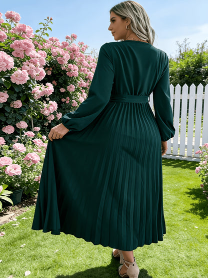 Directed Hot Style Real Shot 2024 European And American Spring And Autumn Temperament Cross V-Neck Large Swing Pleated Long Dress