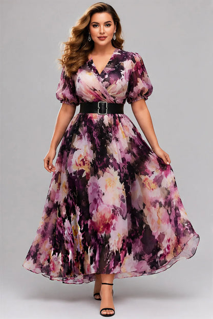 Flycurvy Plus Size Wedding Guest Purple Chiffon Floral Print Wrap Puff Sleeve Maxi Dress With Belt