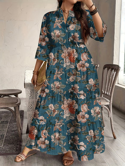 Plus Size Women's Floral Print Shirtdress, Ladies' Fall New 3/4 Sleeve Cake Dress, Fashionable Elegant Long Dress