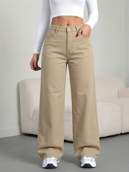 [Denim Wide-Leg Pants] Khaki Washed Denim Pants - Loose Wide-Leg Trousers - Versatile Casual Pants