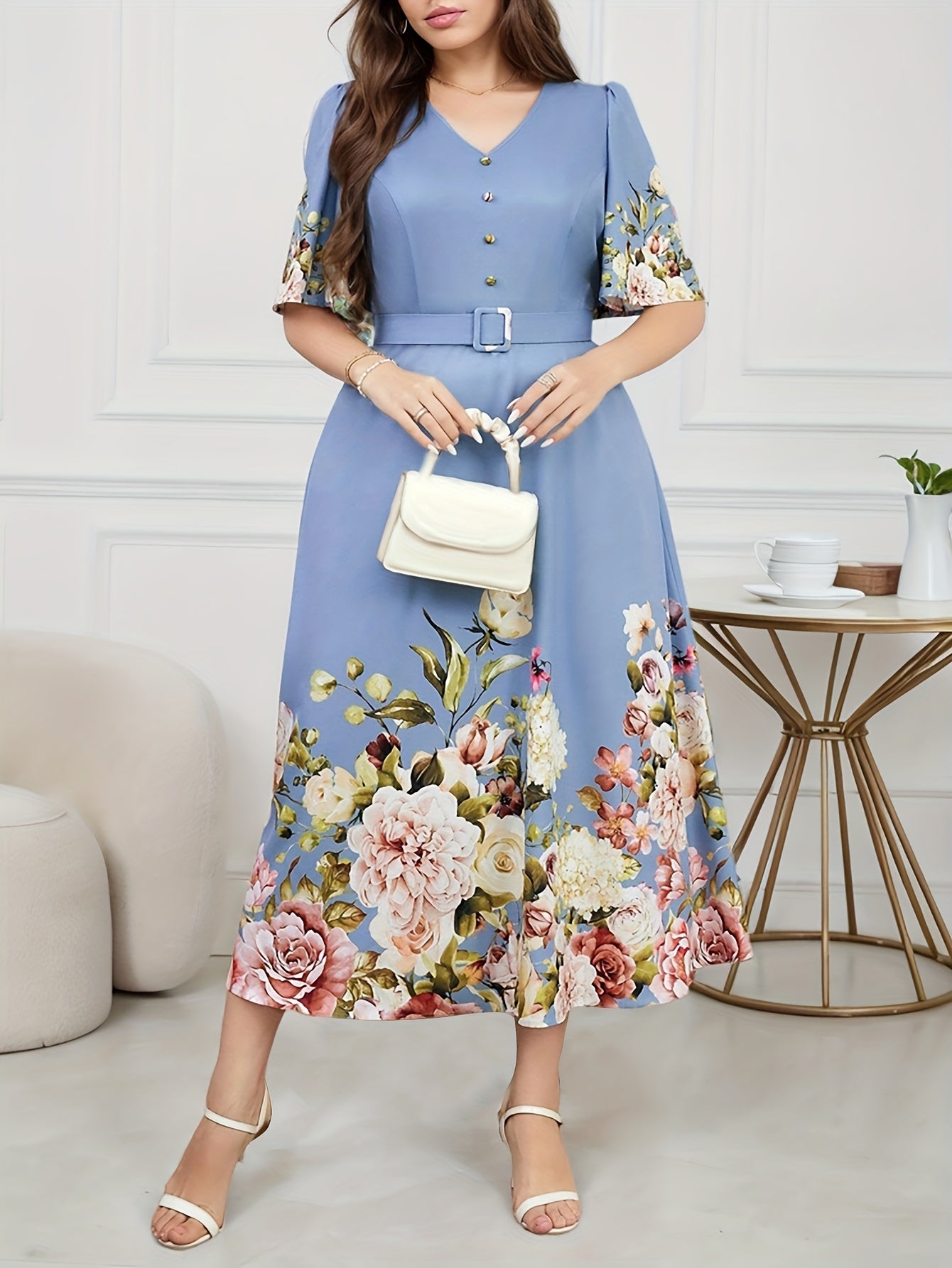 Plus Size, Plus Size Women's Spring/Summer Floral Print Elegant High-Waisted V-Neck Short Sleeve Dress