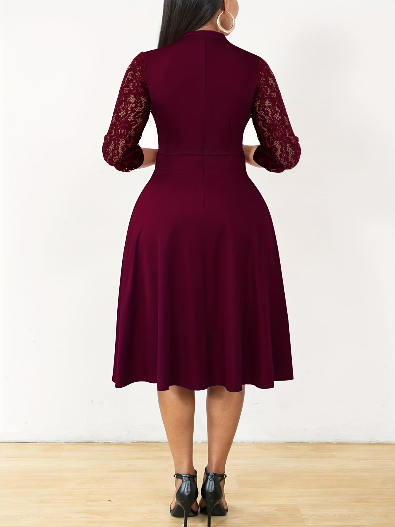Autumn/Winter Women's Fashion Elegant V-Neck Lace Sleeve Three-Quarter Sleeve A-Line Midi Dress, Suitable for Formal Occasions, Cocktail Parties, and Gatherings