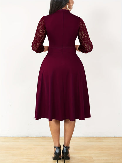 Autumn/Winter Women's Fashion Elegant V-Neck Lace Sleeve Three-Quarter Sleeve A-Line Midi Dress, Suitable for Formal Occasions, Cocktail Parties, and Gatherings