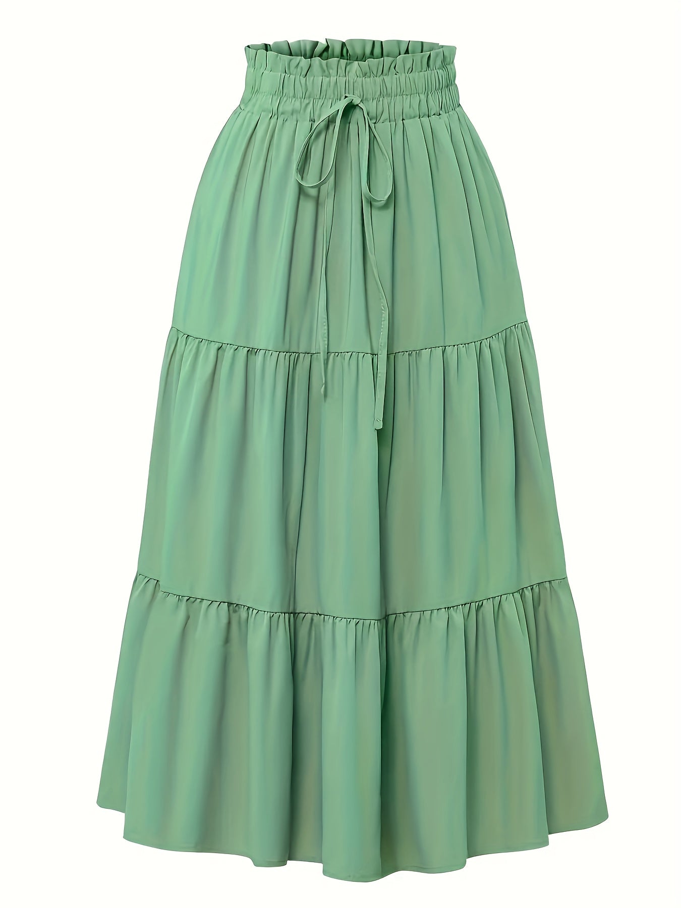 Women's Olive Green Pleated Midi Skirt - Lightweight Adjustable Drawstring Waist, Hand Washable Spring/Summer Elegant Solid Color Skirt for Casual & Formal Outfits, Casual Attire, Nontransparent Fabric, Spring Fashion, Classic Style, Breathable Material,