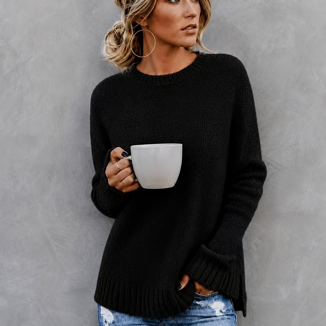 Women'S Casual Commuter Style Retro All-Match Short Front Long Back Slit Round Neck Long Sleeve Sweater Pullover