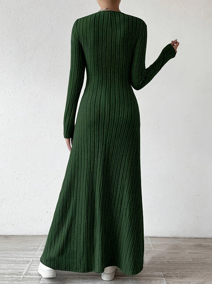 Women's Elegant V-Neck Long Sleeve A-Line Dress - Solid Color Machine Washable Fall Dress with Flattering Silhouette, Versatile for Casual & Formal Occasions, Long Sleeve Maxi Dress, Comfortable Fit