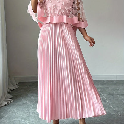 Elegant Floral Applique Two Piece Set for Women with Round Neck Flutter Sleeve Pleated Maxi Skirt Formal Style