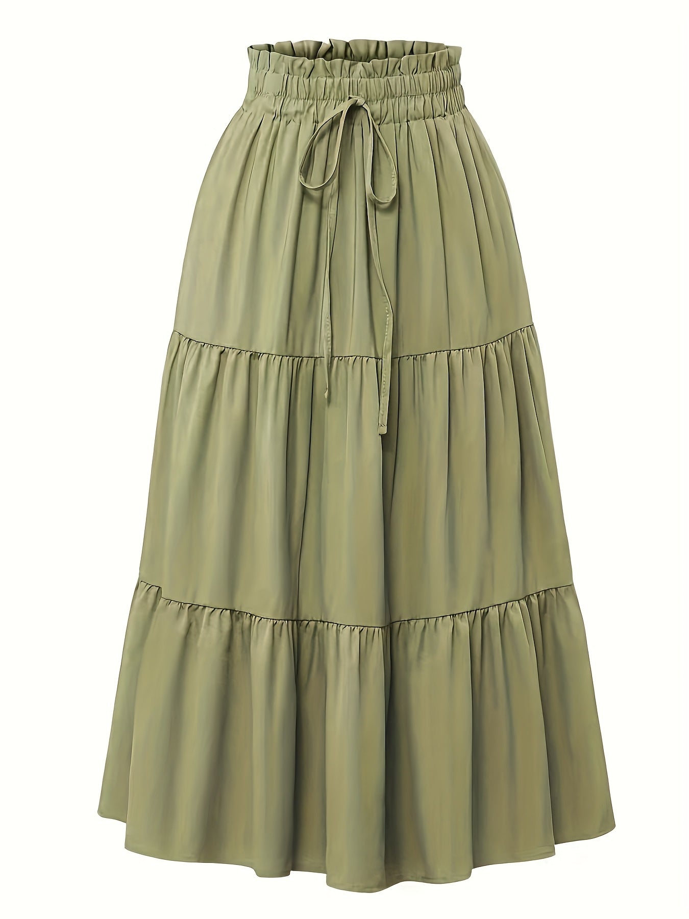 Women's Olive Green Pleated Midi Skirt - Lightweight Adjustable Drawstring Waist, Hand Washable Spring/Summer Elegant Solid Color Skirt for Casual & Formal Outfits, Casual Attire, Nontransparent Fabric, Spring Fashion, Classic Style, Breathable Material,