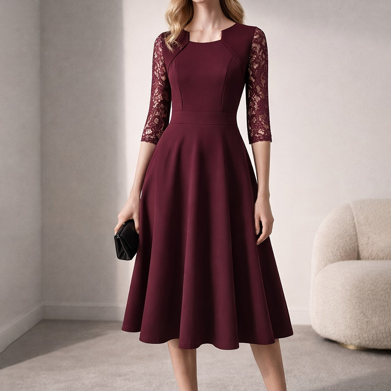Vintage Floral Lace Party Swing Dress with a Square Neckline for Women