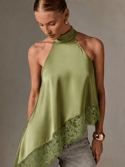 Halter Vest, Directional Style Elegant Temperament Top, Irregular Patchwork Lace Neckline