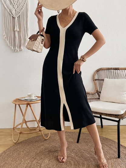 [French-Style V-Neck Dress] Women's French-Style V-Neck Dress - Short Sleeve Midi Dress with Slit Detail | Straight-Cut Office Dress for Commuting, Blouse-Compatible Solid Color Dress for Casual to Professional Wear