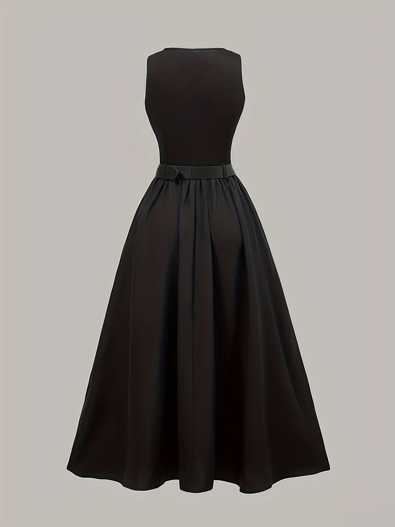 Elegant Black Sleeveless A-Line Midi Dress, Adjustable Waist Belt, Cinched Waist, Flowing Skirt, Round Neck, Perfect for Spring/Summer, Adult Women's Fashion, Formal Event Attire, Sleek Fitted Top