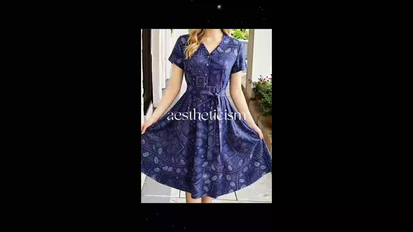 [Vintage Midi Dress] Women's Vintage Blue Print Midi Dress - V-Neck Button Shirt Dress with Pockets & Belt - Casual Commute Vacation Wear for Ladies