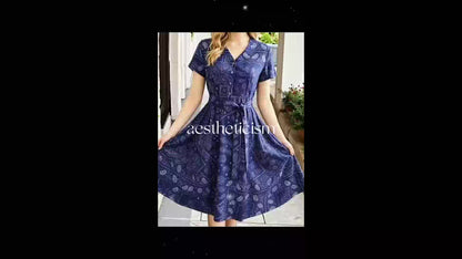 [Vintage Midi Dress] Women's Vintage Blue Print Midi Dress - V-Neck Button Shirt Dress with Pockets & Belt - Casual Commute Vacation Wear for Ladies