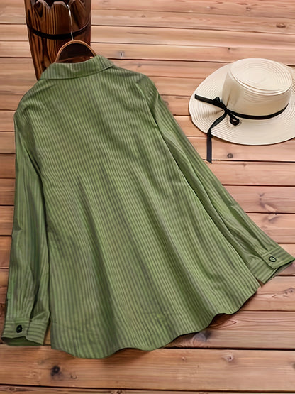 Spring/Autumn New Women's Solid Color Striped Button-Up Faux Pocket Striped Long Sleeve Long Shirt Top