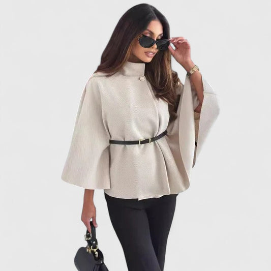 Elegant Textured Knit Cape Jacket for Women with High Neck Bell Sleeve Belted Style