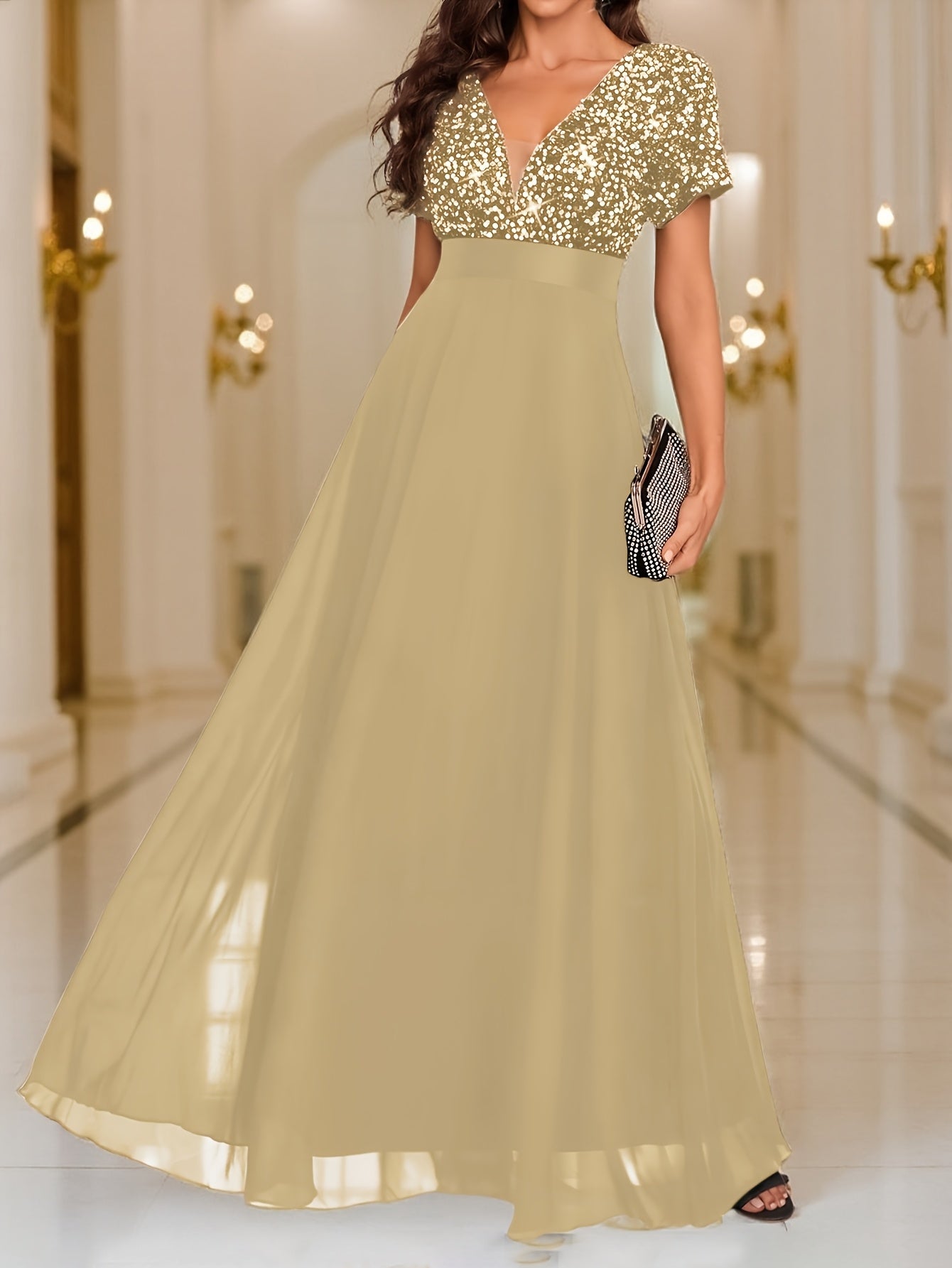 Sequin Spliced Formal Dress Elegant Prom Wedding Guest Gown, Contrast Sequin Chiffon Formal Dress, V-Neck Short Sleeve Sequin Patchwork Slim Fit Long Dress for Graduation Dress, Bride Dress, Birthday Women Outfits, Party Dress, Evening