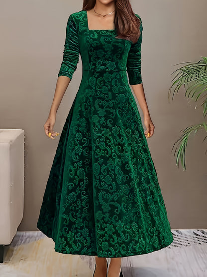 Directional Style Velvet Floral Pattern Long Sleeve Dress New Year Elegant Square Neck Dress