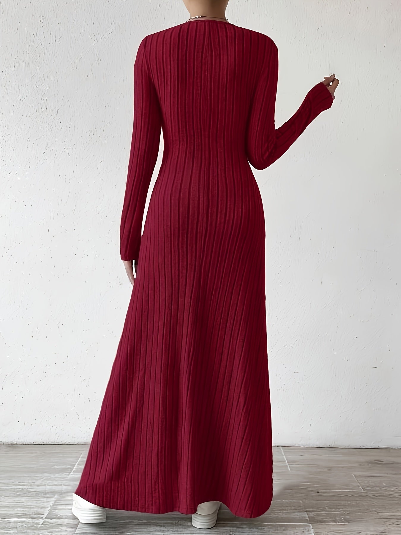 Women's Elegant V-Neck Long Sleeve A-Line Dress - Solid Color Machine Washable Fall Dress with Flattering Silhouette, Versatile for Casual & Formal Occasions, Long Sleeve Maxi Dress, Comfortable Fit