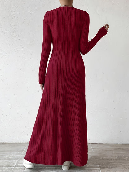 Women's Elegant V-Neck Long Sleeve A-Line Dress - Solid Color Machine Washable Fall Dress with Flattering Silhouette, Versatile for Casual & Formal Occasions, Long Sleeve Maxi Dress, Comfortable Fit
