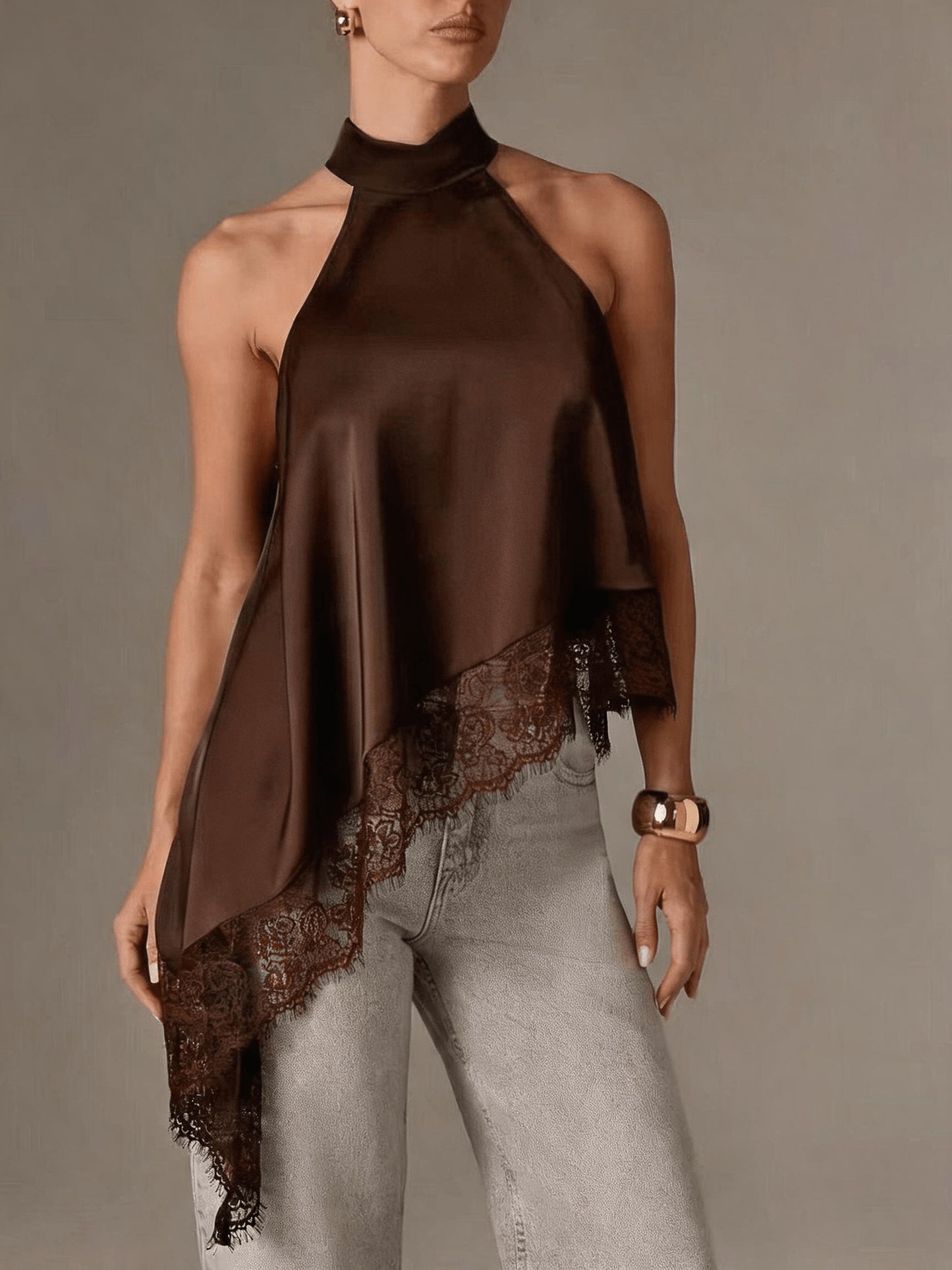 Halter Vest, Directional Style Elegant Temperament Top, Irregular Patchwork Lace Neckline