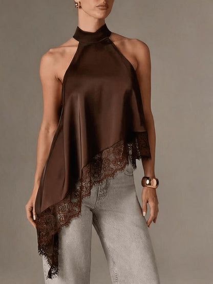 Halter Vest, Directional Style Elegant Temperament Top, Irregular Patchwork Lace Neckline