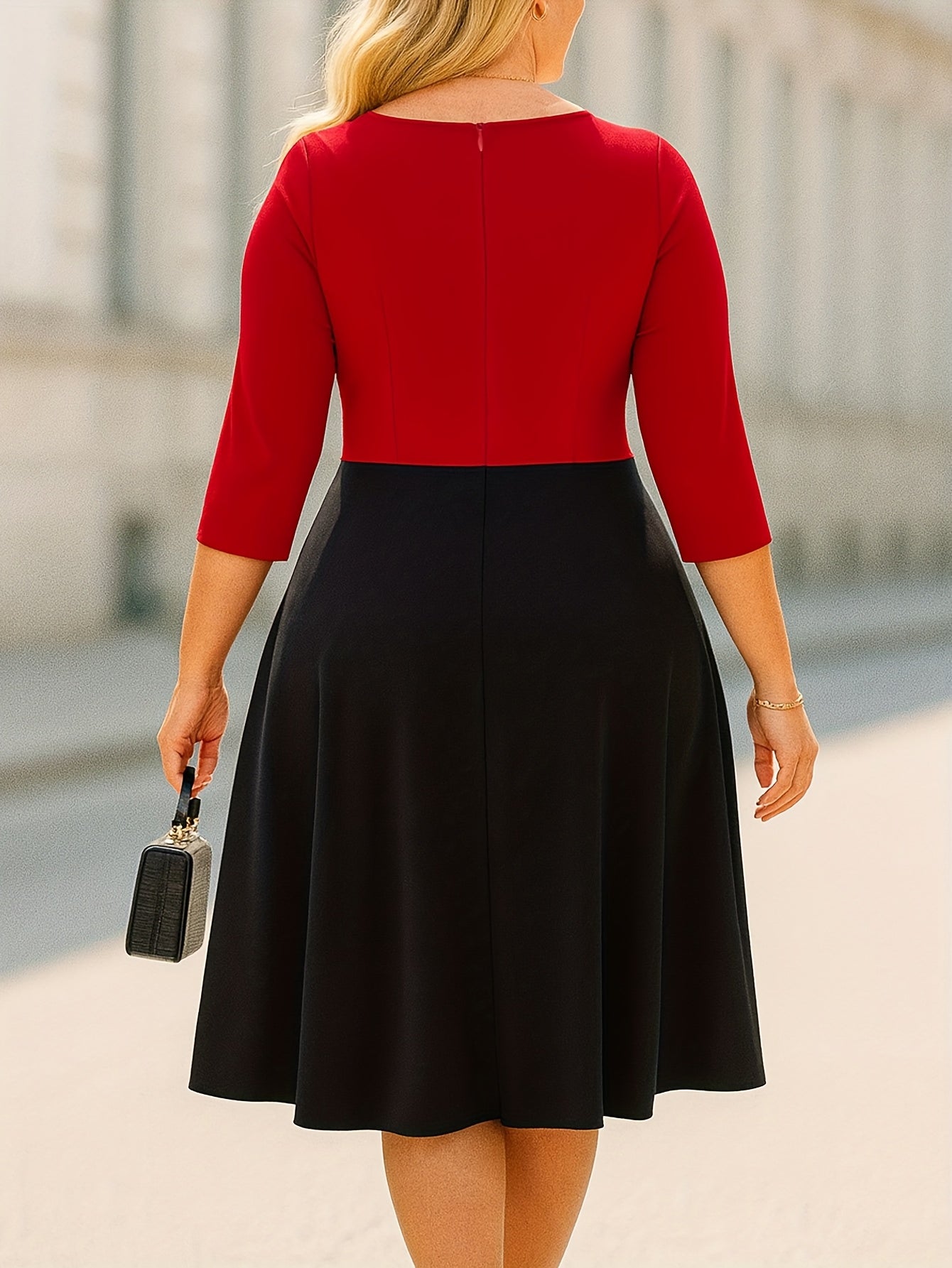 Elegant Red Colorblock Midi Dress for Women with Notch Neck Elbow Sleeve Crossover Waist A Line Style