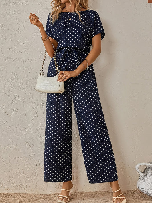 Effortless Polka Dot Jumpsuit for Women with Boat Neck Short Sleeve Wide Leg Relaxed Style