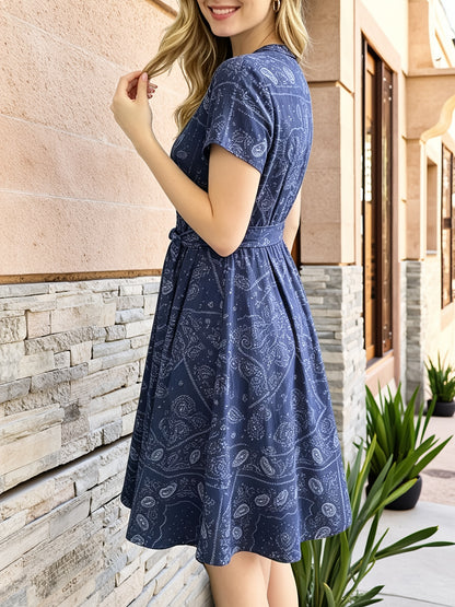 [Vintage Midi Dress] Women's Vintage Blue Print Midi Dress - V-Neck Button Shirt Dress with Pockets & Belt - Casual Commute Vacation Wear for Ladies