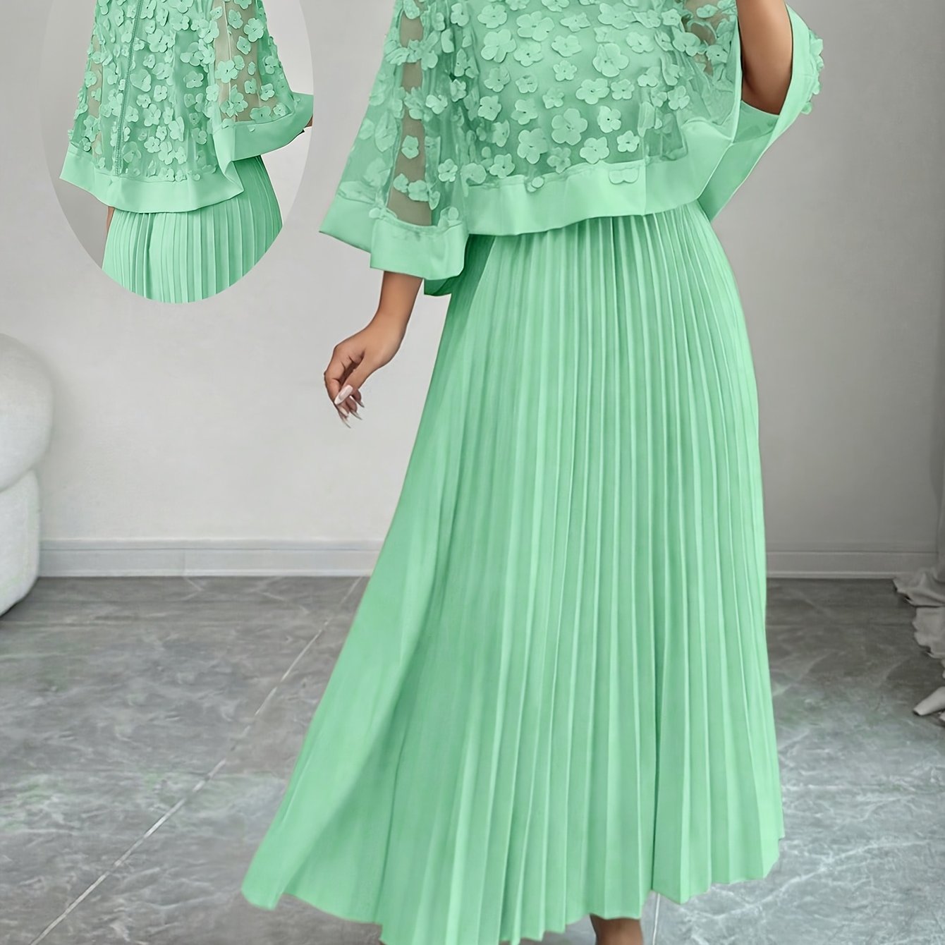 Elegant Floral Applique Two Piece Set for Women with Round Neck Flutter Sleeve Pleated Maxi Skirt Formal Style