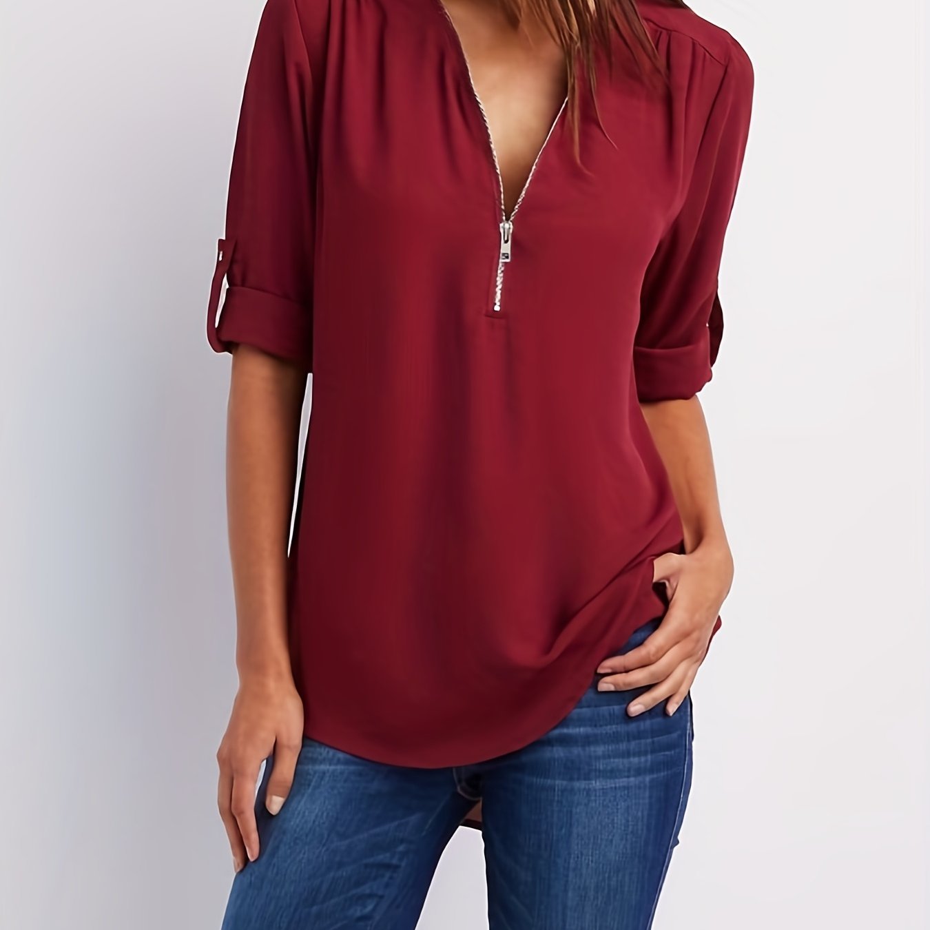 V-Neck Zipper Women'S Long-Sleeved Roll-Up Sleeve Loose Chiffon Shirt