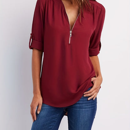 V-Neck Zipper Women'S Long-Sleeved Roll-Up Sleeve Loose Chiffon Shirt