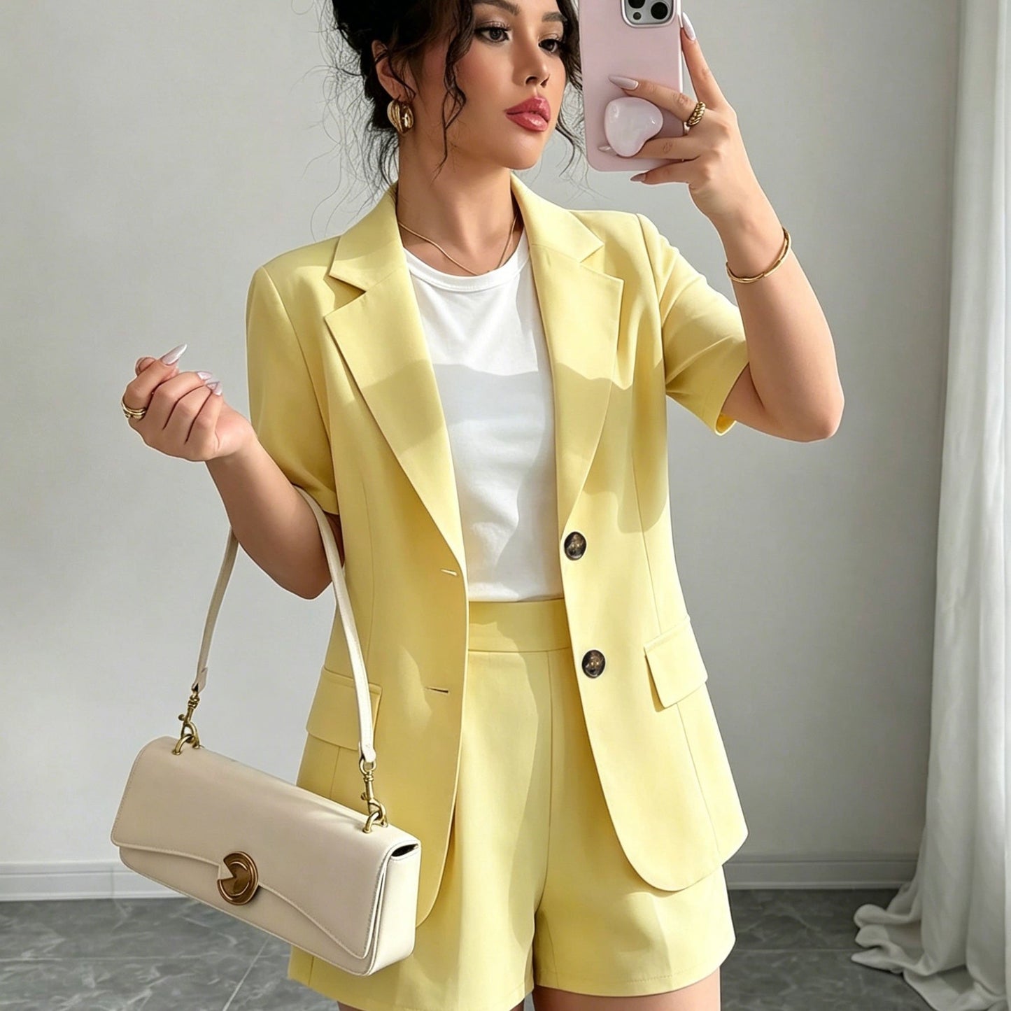 Elegant Casual Commuter Suit Set, Solid Color Short-Sleeve Blazer, Shorts/Wide-Leg Pants, Women's Spring/Summer Style