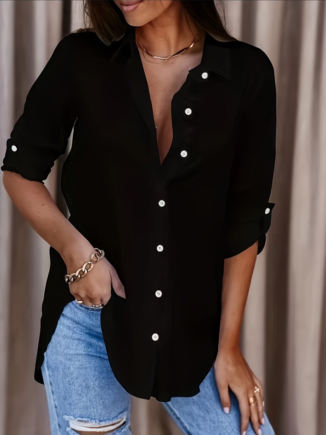Women's Solid Color Button-Up Long Sleeve Casual Top