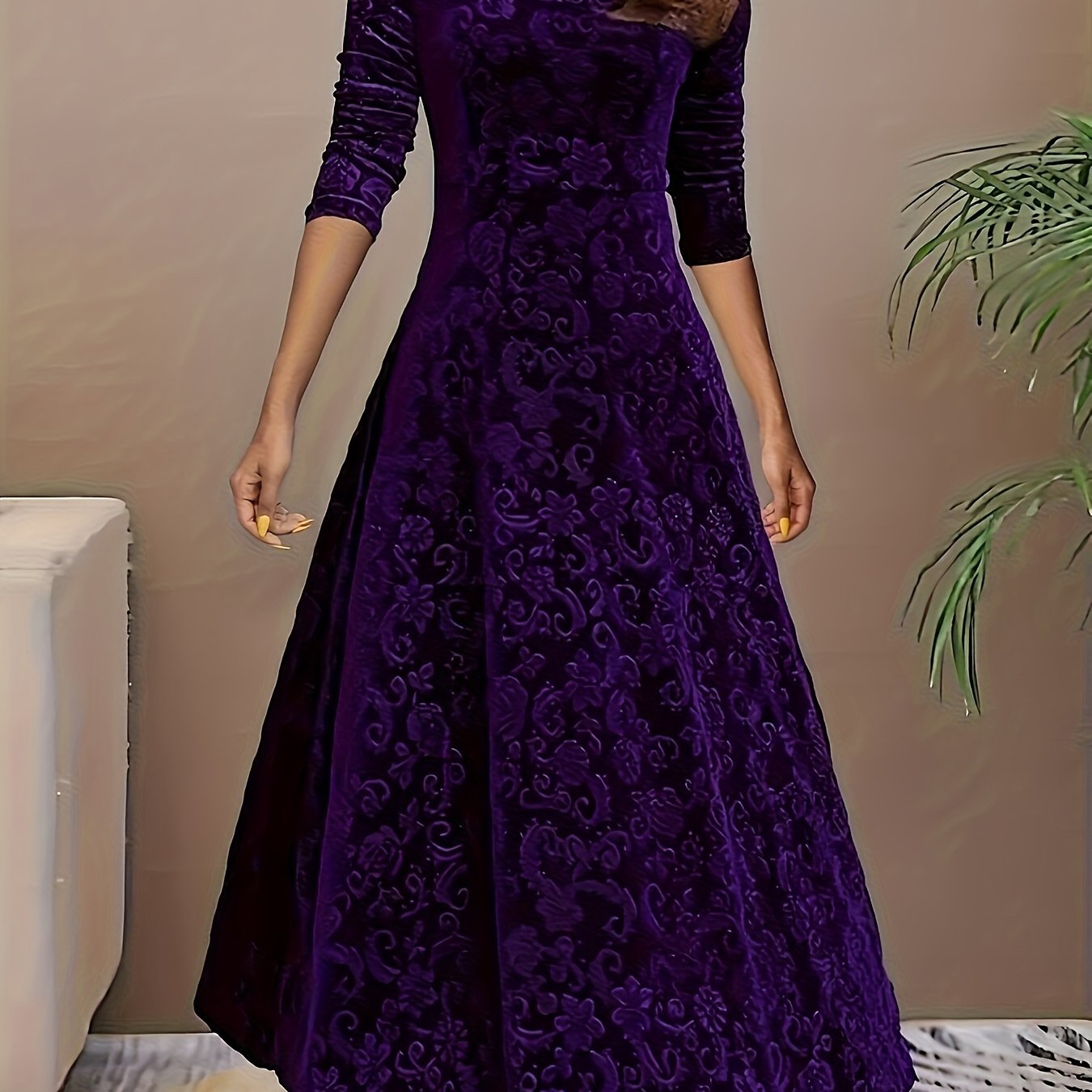 Directional Style Velvet Floral Pattern Long Sleeve Dress New Year Elegant Square Neck Dress