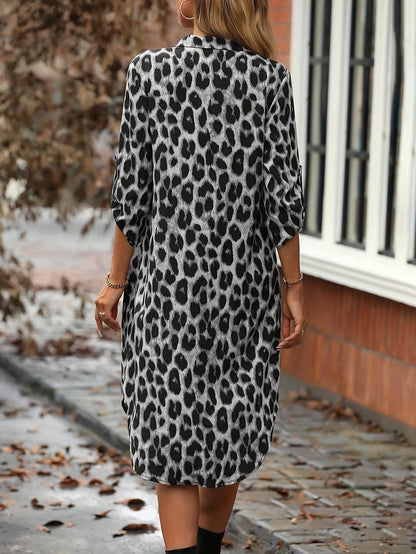 A Leopard Print Button-Up Shirt Dress, Elegant Women'S Wear