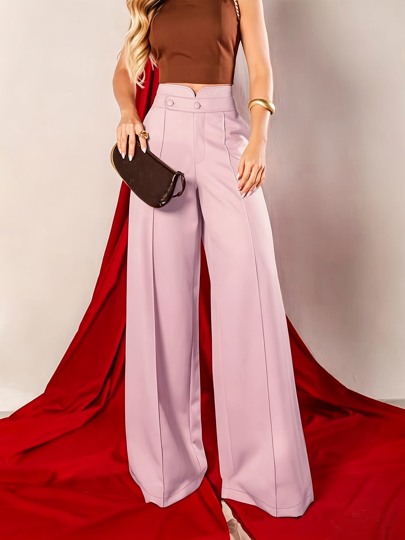 New Fashionable Solid Color Pocket Women's Casual High-Waist Notched Waistband Versatile Straight-Leg Pants, Accessories Not Included