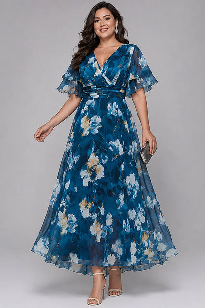 Flycurvy Plus Size Wedding Guest Blue Chiffon Floral Print Wrap Layered Flutter Sleeve Maxi Dress