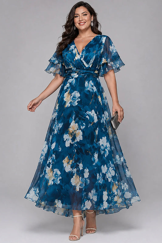Elegant Blue Floral Maxi Dress for Women with V Neck Flutter Sleeve Wrap Ruffle Flowing Style