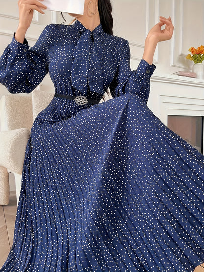 Pleated Allover Print Tie Neck Dress, Elegant Long Sleeve Dress For Spring & Fall, Women's Clothing