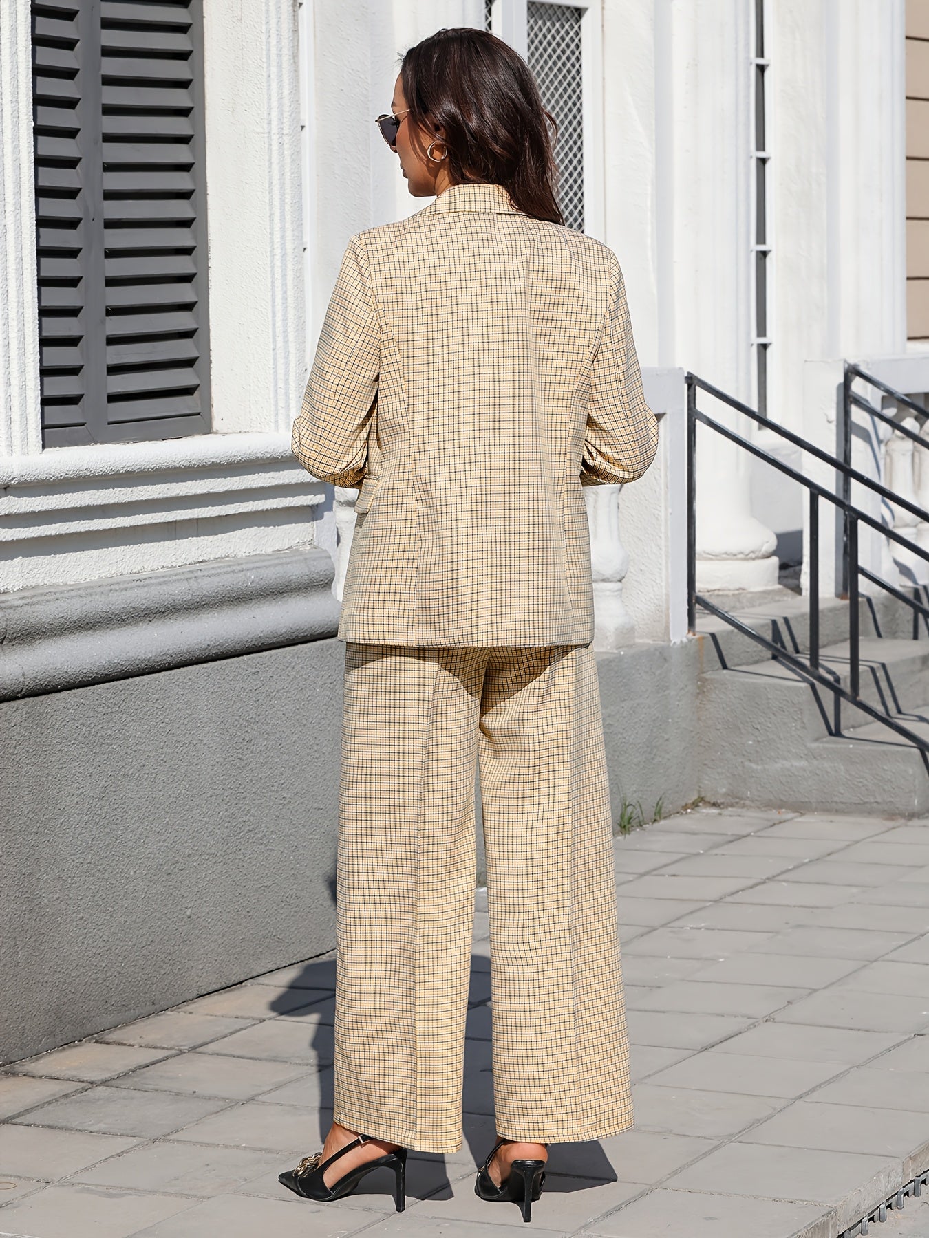 [Elegant Bi-Color Outfit] 2pcs Elegant Fashion Casual Set | Bi-Color Checkered Double-Breasted Suit Jacket & Ankle Pants