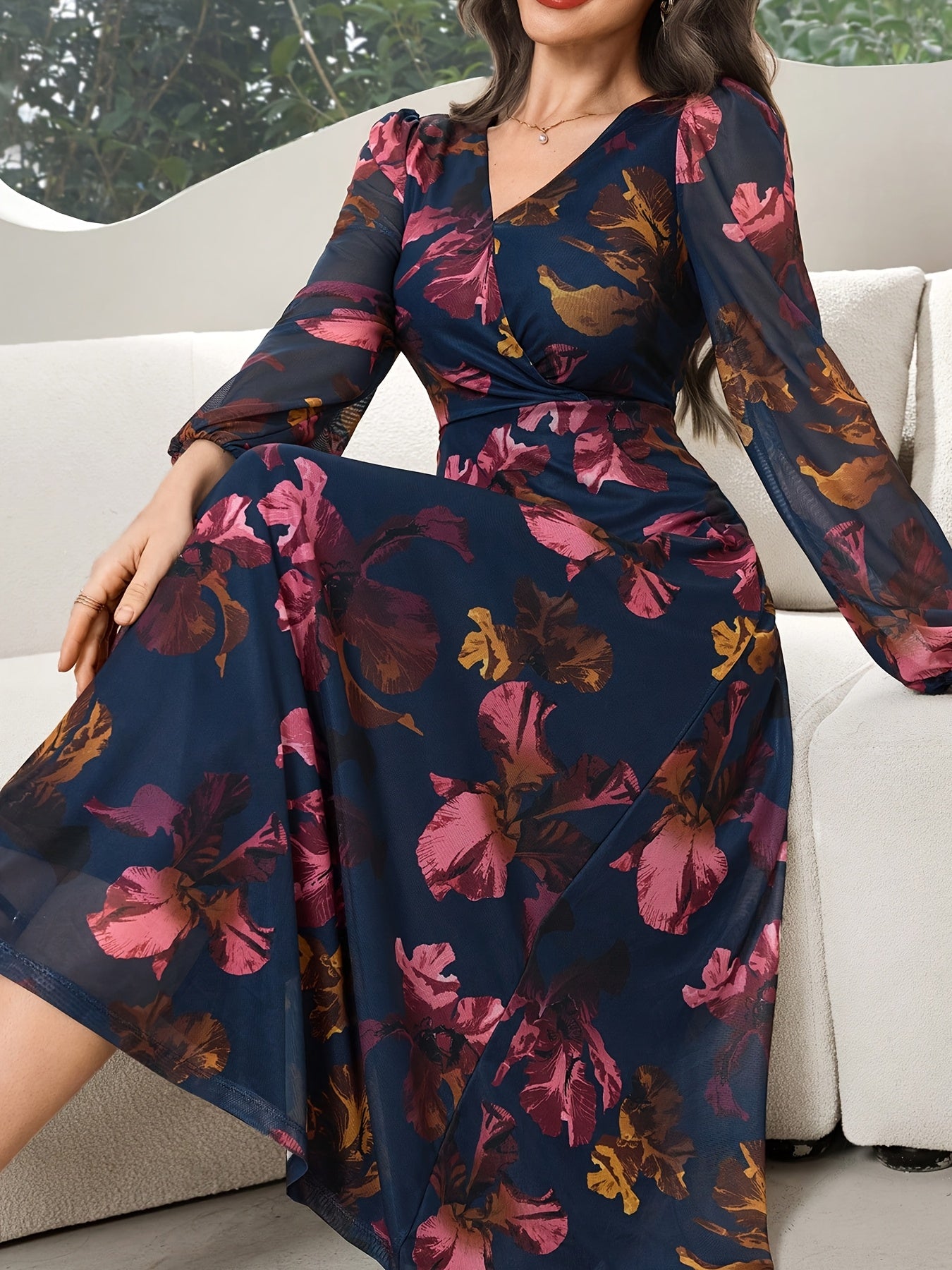 Women's Lace Dress WJ435, Elegant Floral Cinched Waist Long Dress, Deep V-Neck, Business Party, Spring/Autumn, Yellow Black Print Lace