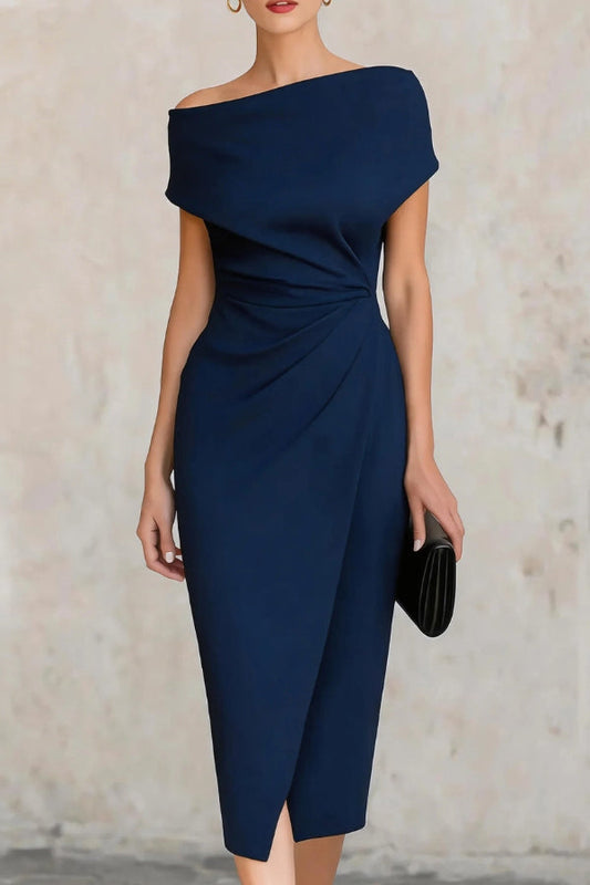Elegant Draped Midi Dress for Women with Asymmetric Off Shoulder Cap Sleeve Ruched Wrap Bodycon Cocktail Style