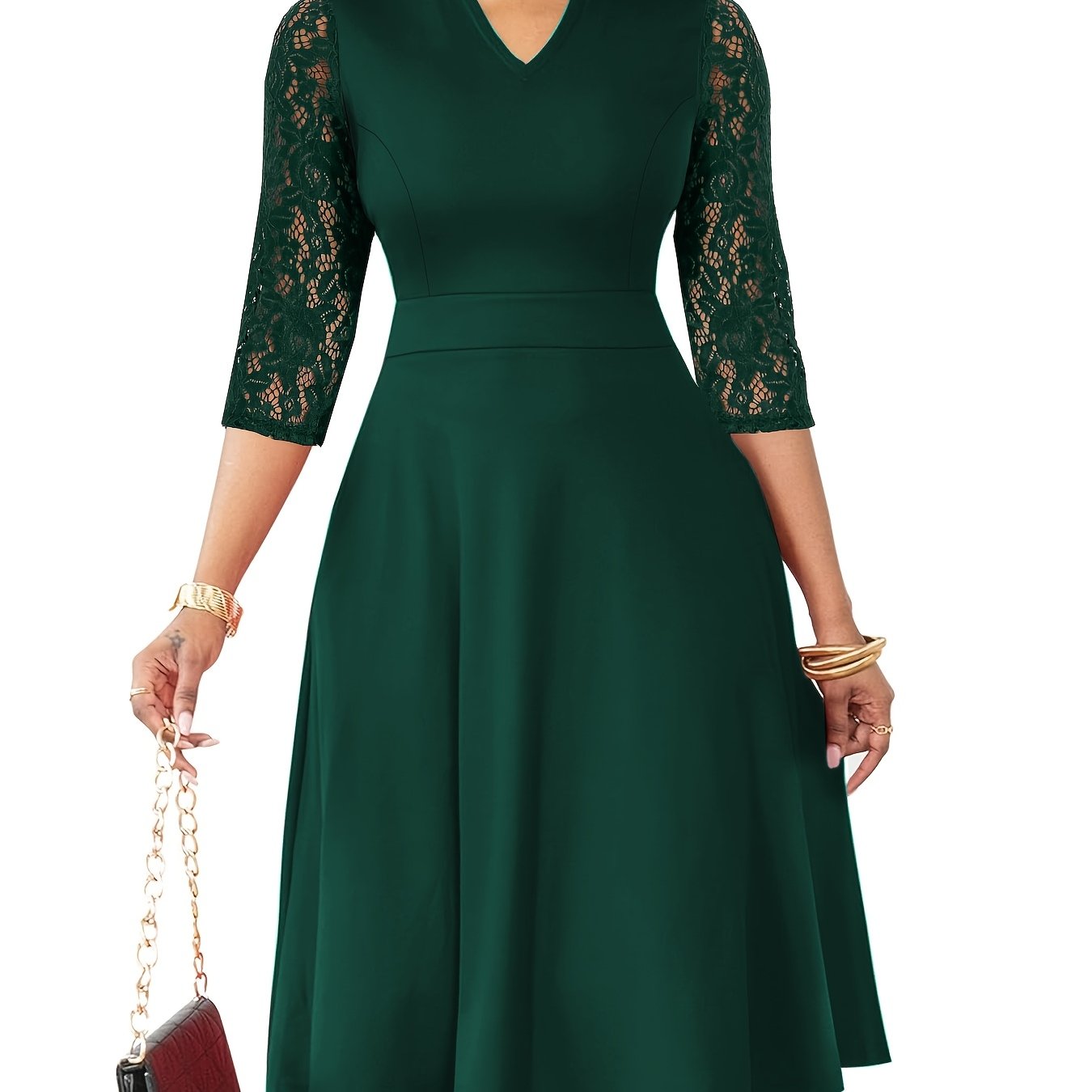 [Elegant V-Neck Lace] Elegant V-Neck Lace Sleeve Midi Dress | Autumn/Winter Women's Fashion, Three-Quarter Sleeve A-Line, Suitable for Formal Occasions, Cocktail Parties, and Gatherings