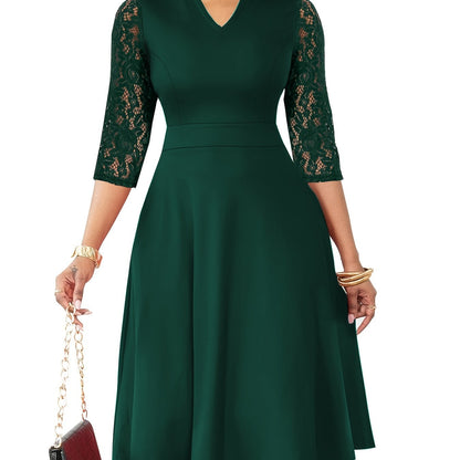 [Elegant V-Neck Lace] Elegant V-Neck Lace Sleeve Midi Dress | Autumn/Winter Women's Fashion, Three-Quarter Sleeve A-Line, Suitable for Formal Occasions, Cocktail Parties, and Gatherings