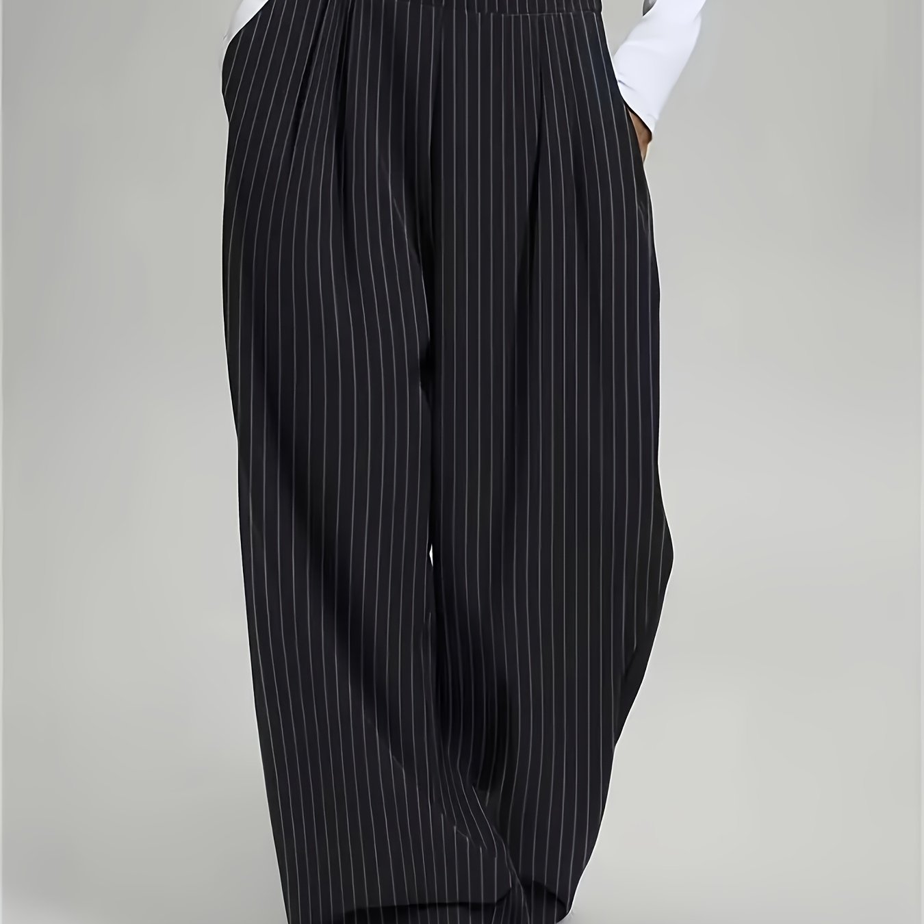 [Striped Harem Pants] Women's Casual Striped Harem Pants - High-Waist Full-Length Wide-Leg Trousers with Vertical Pleats and Pocket Design - Elegant Special Series, Structured Non-Stretch Fabric Suitable for All Seasons, Professional and Semi-Formal Wear