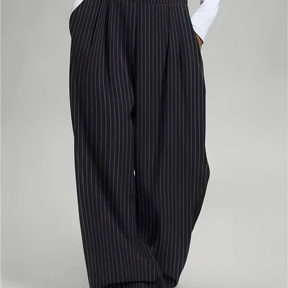 [Striped Harem Pants] Women's Casual Striped Harem Pants - High-Waist Full-Length Wide-Leg Trousers with Vertical Pleats and Pocket Design - Elegant Special Series, Structured Non-Stretch Fabric Suitable for All Seasons, Professional and Semi-Formal Wear